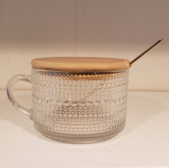14oz. Vintage Glass Coffee Mug with Golden Spoon and Bamboo Lid - Picture 2 of 16